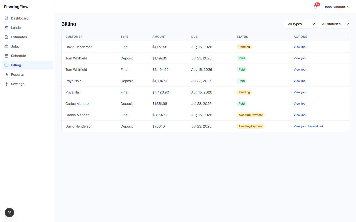 A billing dashboard listing deposit and final invoices with Paid, Pending, and AwaitingPayment statuses