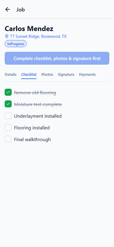 The FlooringFlow installer mobile app showing a job's checklist with completed and pending steps